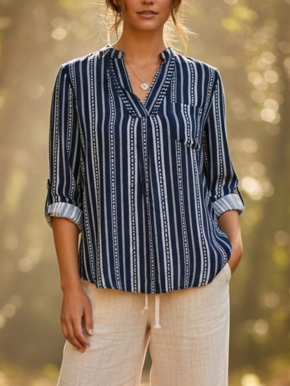 Soft Knit Long Sleeve V-Neck Top Blouse Navy Blue White Boho Stripes Size S